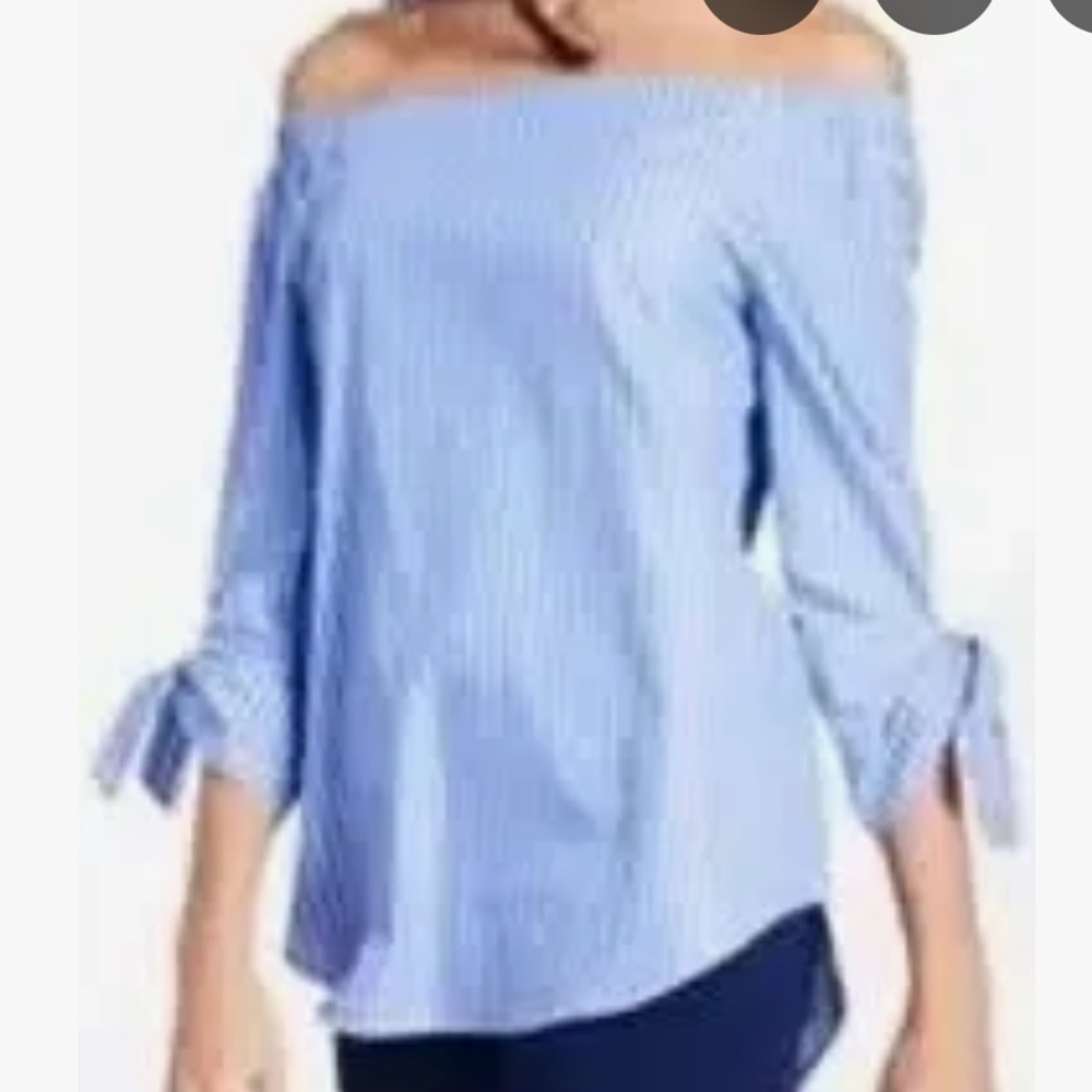J. McLaughlin Natasha off shoulder Navy and White Blouse silk cotton blend - Picture 8 of 8